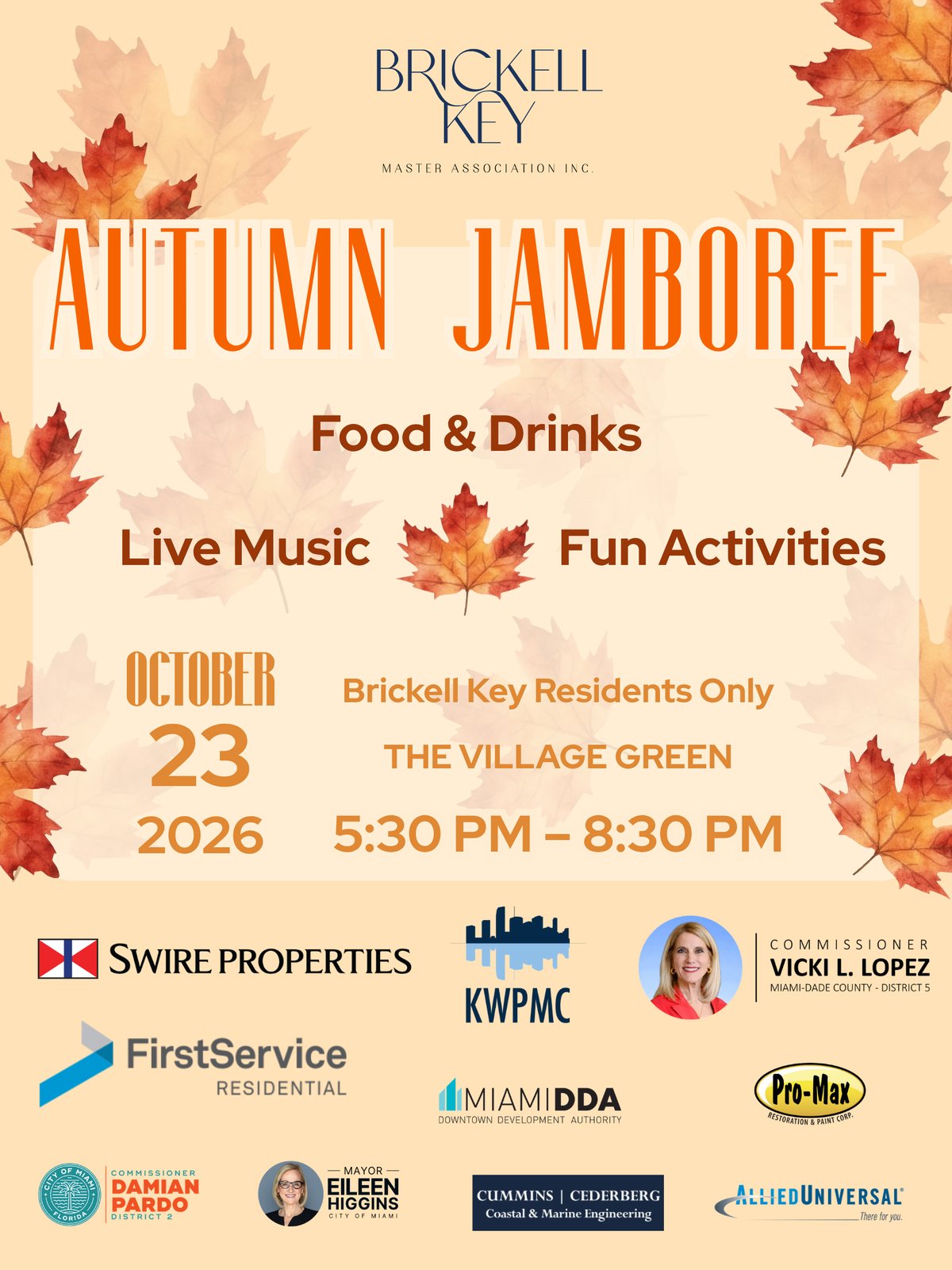 Autumn Jamboree invitation: Friday, October 23, 2026, 5:30 PM to 8:30 PM at The Village Green, Brickell Key residents only